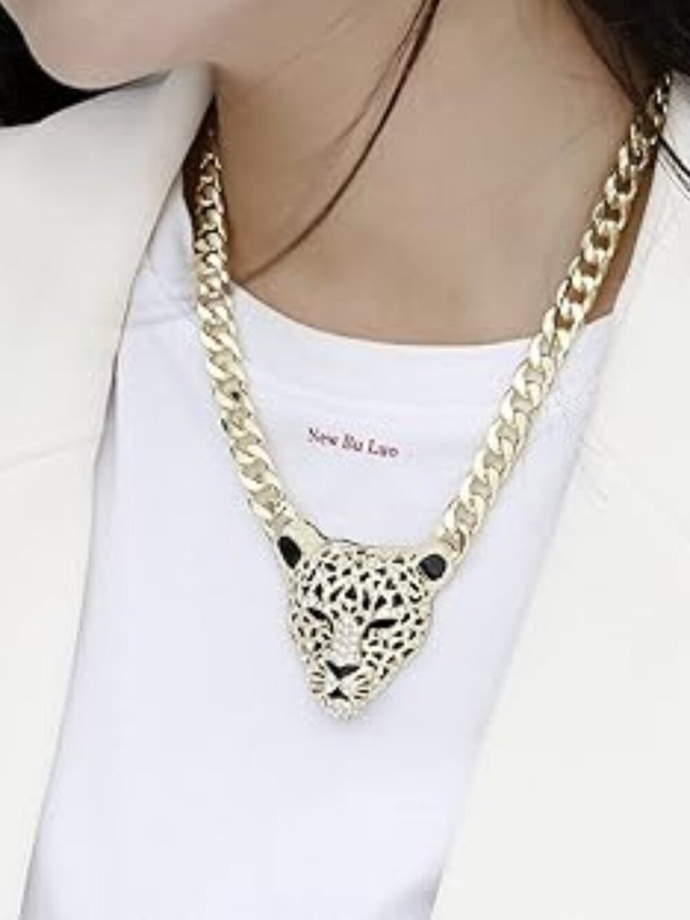 Neiman Marcus Rhinestone Jaguar Enamel Cuban Chain Necklace